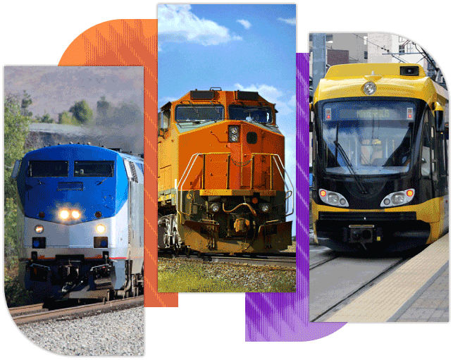 Three separate images of a passenger vehicle, a freight locomotive and a city train all from a frontal view.