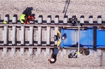 Aerial view of workers on train tracks.