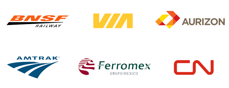 Customer logos for BNSK, VIA, Aurizon, Amtrak, Ferromex, and CN
