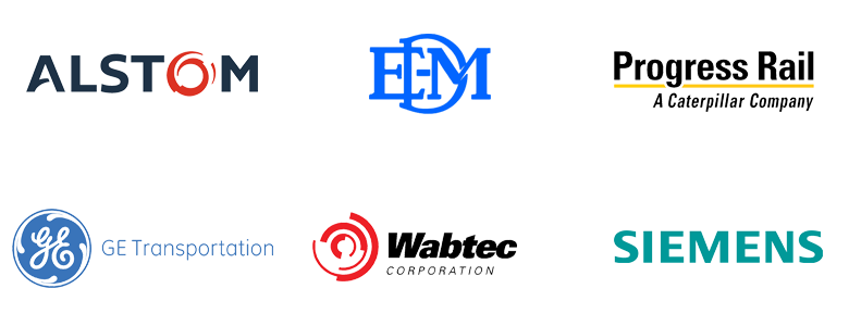 OEM logos for Alstom, EDM, Progress Rail, GE Transportation, Wabtec, and Siemens