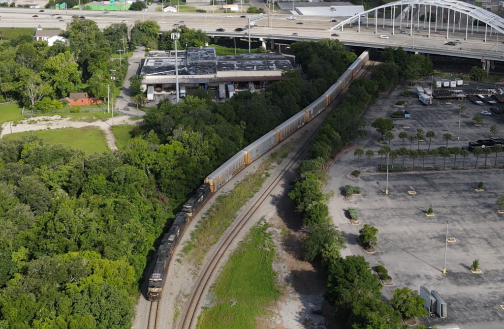 Aerial view of specific railroad track location